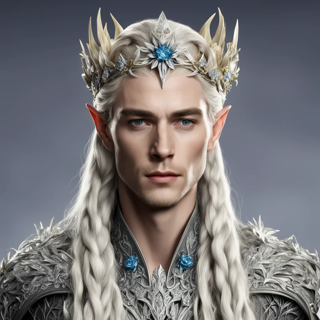 ai king thranduil with blond hair and braids wearing flowers encrusted with diamonds with diamond rosettes forming a silver sindarin elvish circlet with large center diamond 