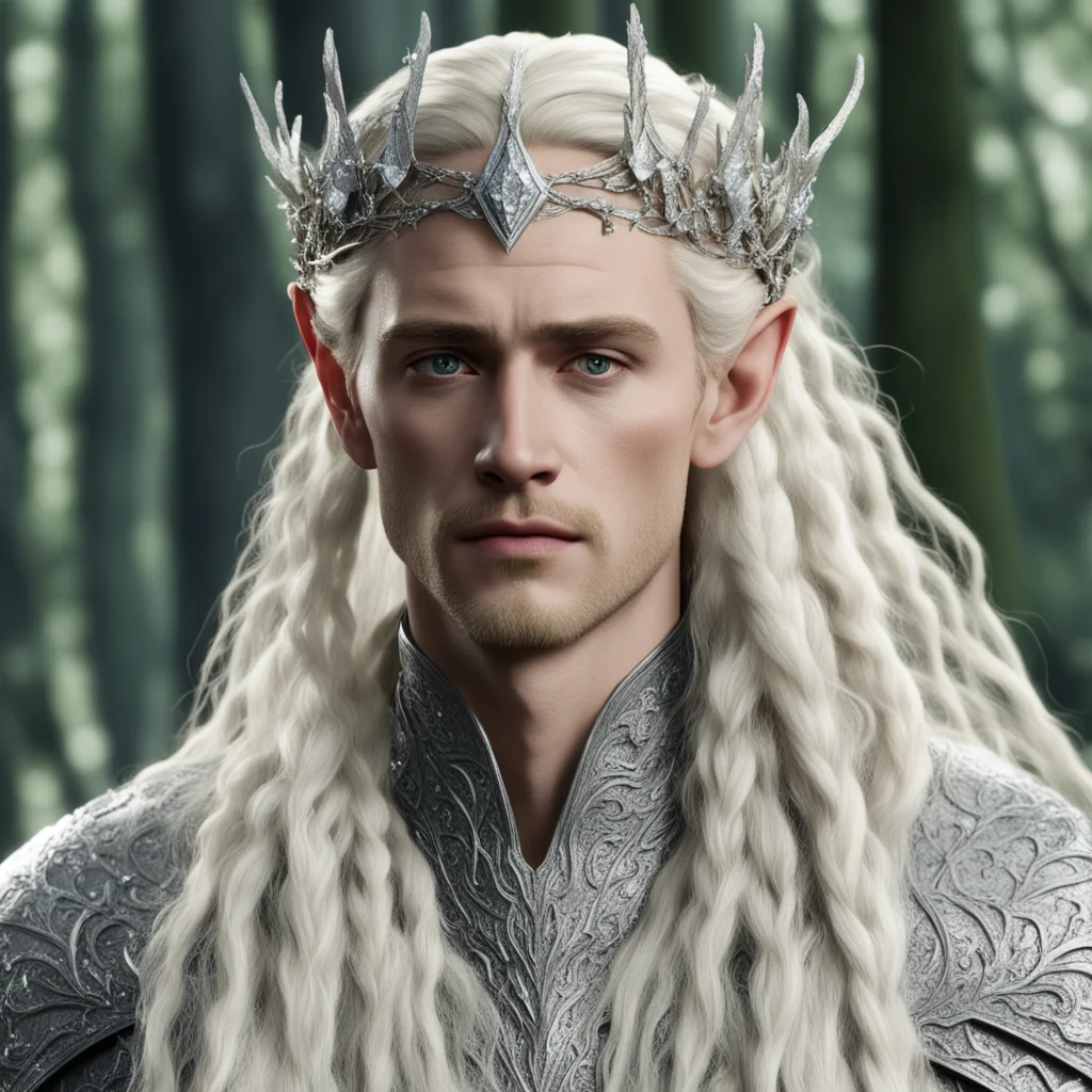  king thranduil with blond hair and braids wearing silver birch circlet encrusted with diamonds and large diamond clusters