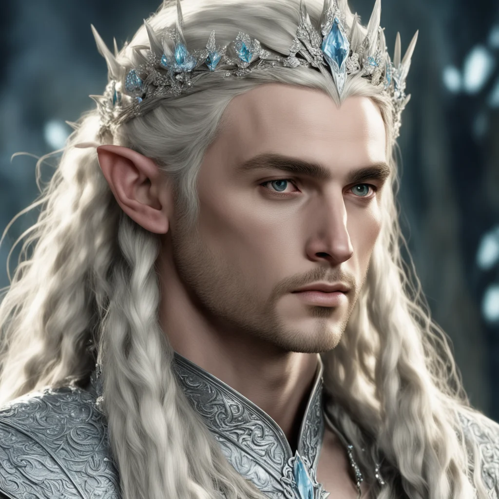 ai king thranduil with blond hair and braids wearing silver flower circlet encrusted with diamonds and large diamond clusters with large center diamond amazing awesome portrait 2