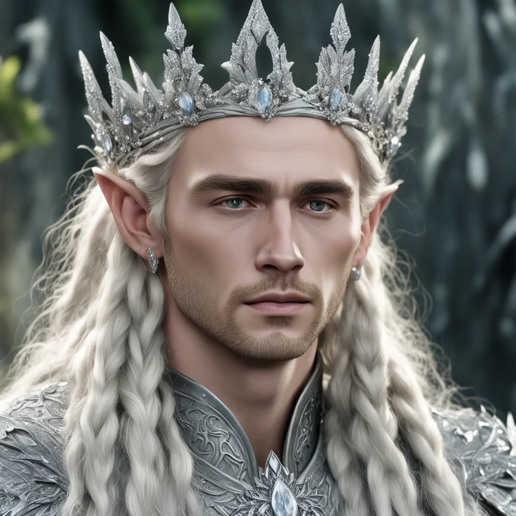  king thranduil with blond hair and braids wearing silver flower circlet encrusted with diamonds and large diamond clusters with large center diamond good looking trending fantastic 1