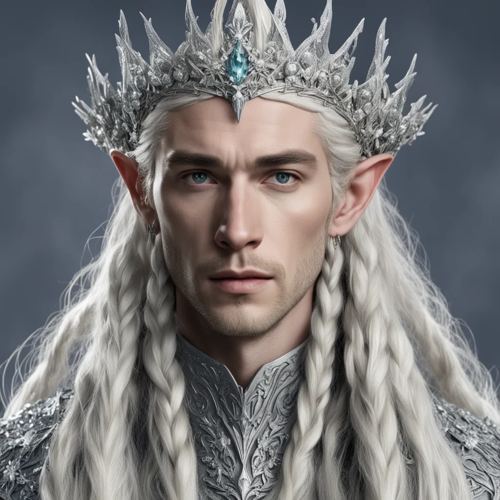  king thranduil with blond hair and braids wearing silver flowers encrusted with diamonds to form a silver elvish coronet with large center diamond amazing awesome portrait 2
