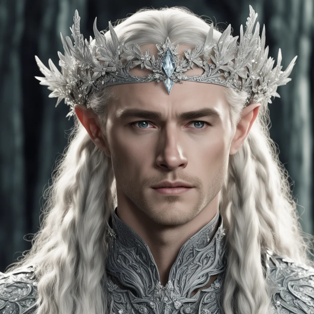  king thranduil with blond hair and braids wearing silver flowers encrusted with diamonds to form a silver elvish coronet with large center diamond confident engaging wow artstation art 3