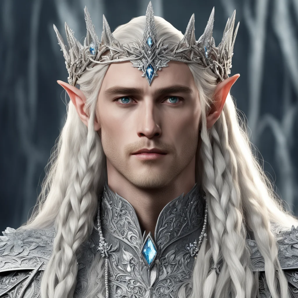  king thranduil with blond hair and braids wearing silver flowers encrusted with diamonds to form a silver elvish coronet with large center diamond good looking trending fantastic 1