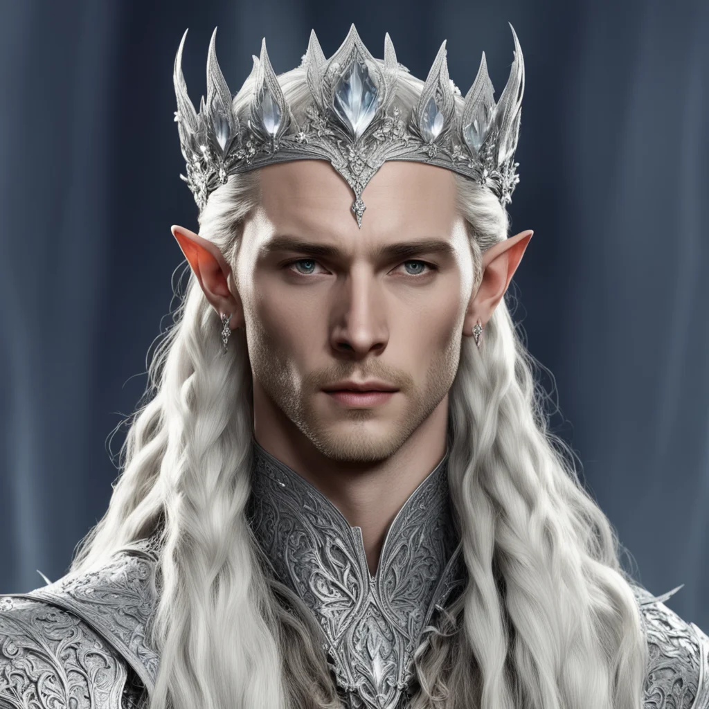  king thranduil with blond hair and braids wearing silver flowers encrusted with diamonds to form a silver elvish coronet with large center diamond