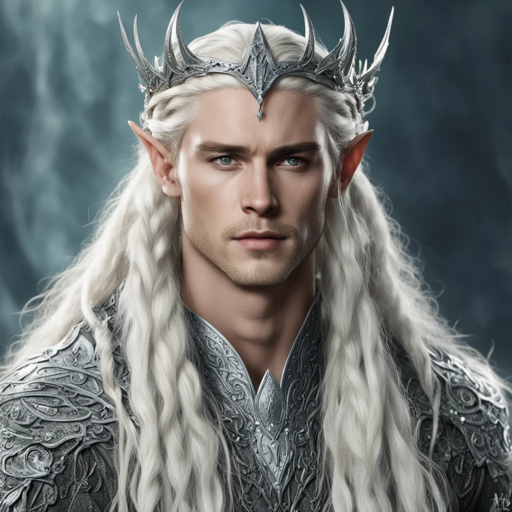  king thranduil with blond hair and braids wearing silver serpentine elvish circlet encrusted with diamonds with large center diamond good looking trending fantastic 1