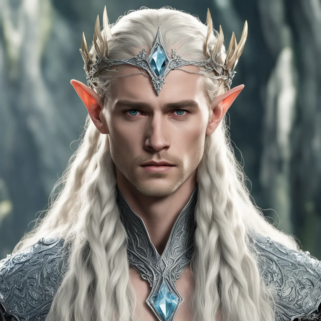  king thranduil with blond hair and braids wearing silver serpentine elvish circlet encrusted with diamonds with large center diamond