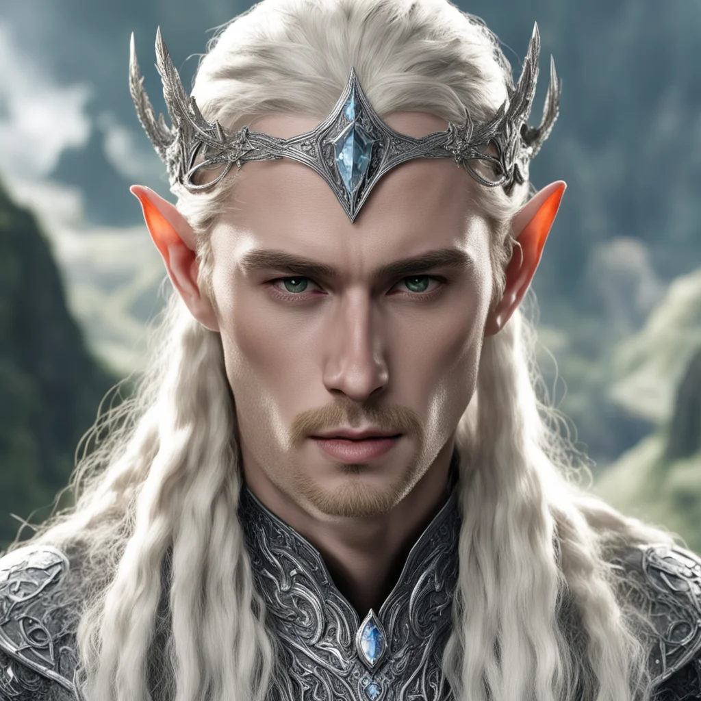 ai king thranduil with blond hair and braids wearing silver serpentine nandorin elvish circlet encrusted with diamonds with large center diamond 