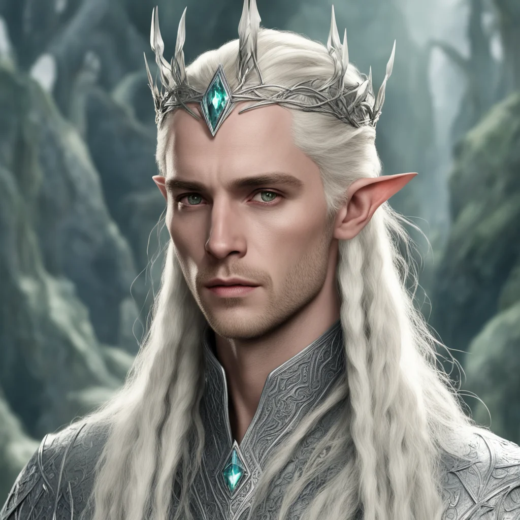  king thranduil with blond hair and braids wearing silver serpentine sindarin elvish circlet with large center diamond good looking trending fantastic 1