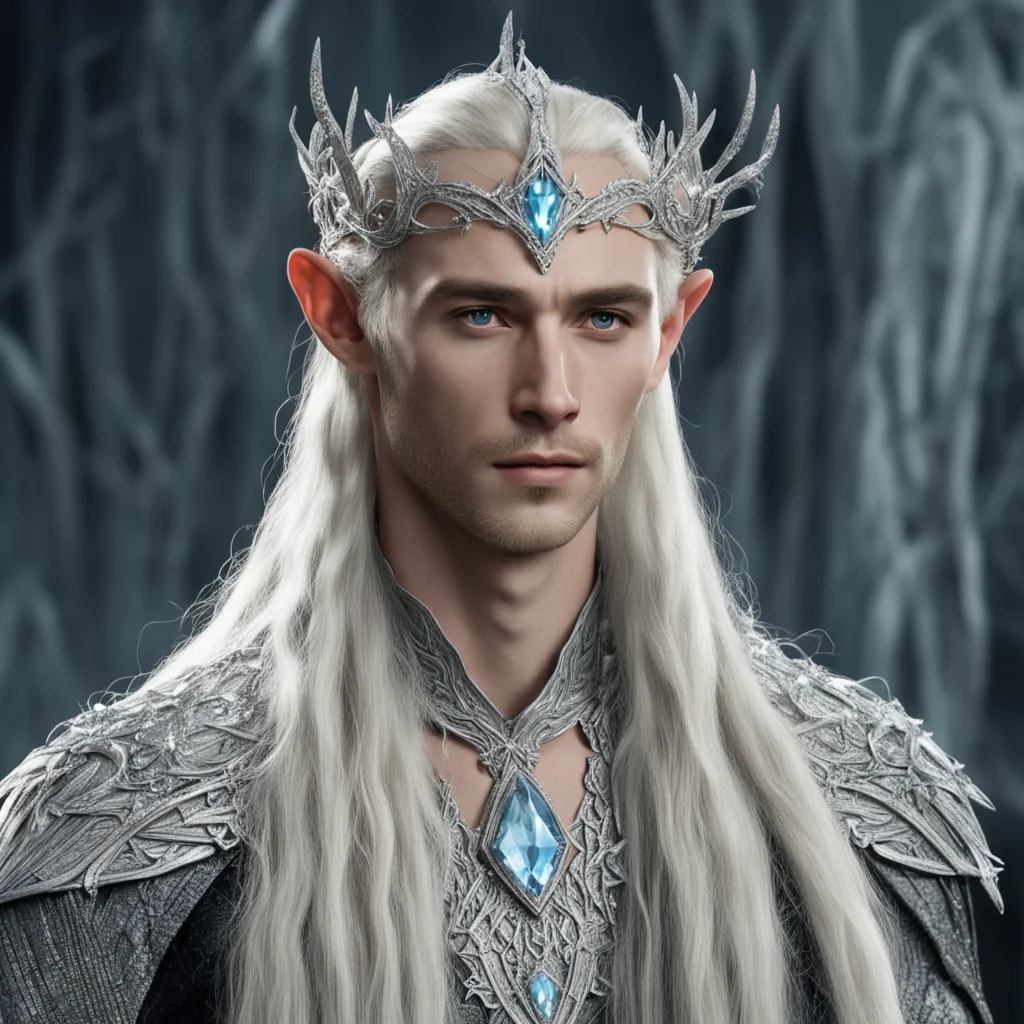 king thranduil with blond hair and braids wearing silver twigs encrusted with diamonds with clusters of diamonds forming a silver elvish circlet with large diamond at center of circlet