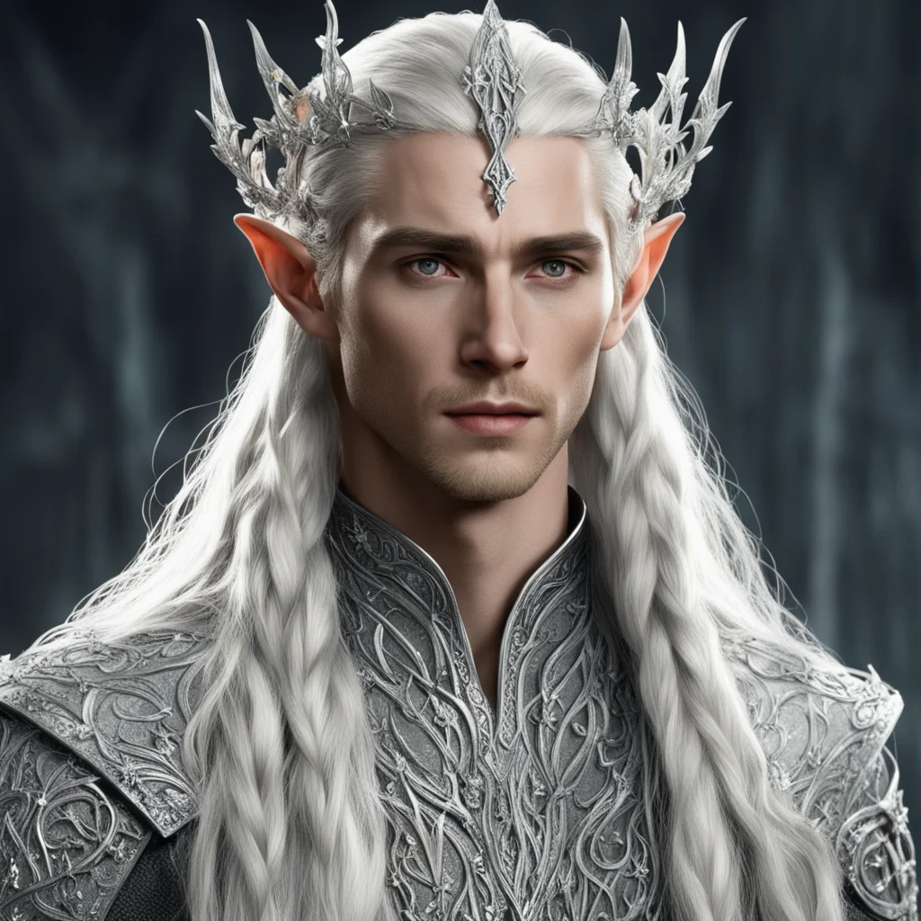 ai king thranduil with blond hair and braids wearing silver vines encrusted with diamonds with silver flowers encrusted with diamonds forming a silver elvish circlet with large center diamond
