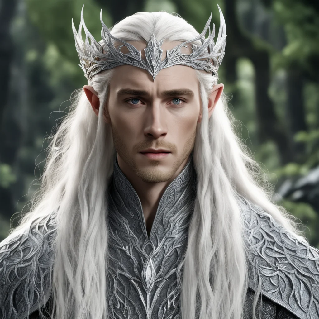 ai king thranduil with blond hair and braids wearing silver vines will small silver leaves encrusted with diamonds to make a small silver elvish circlet with large center diamond