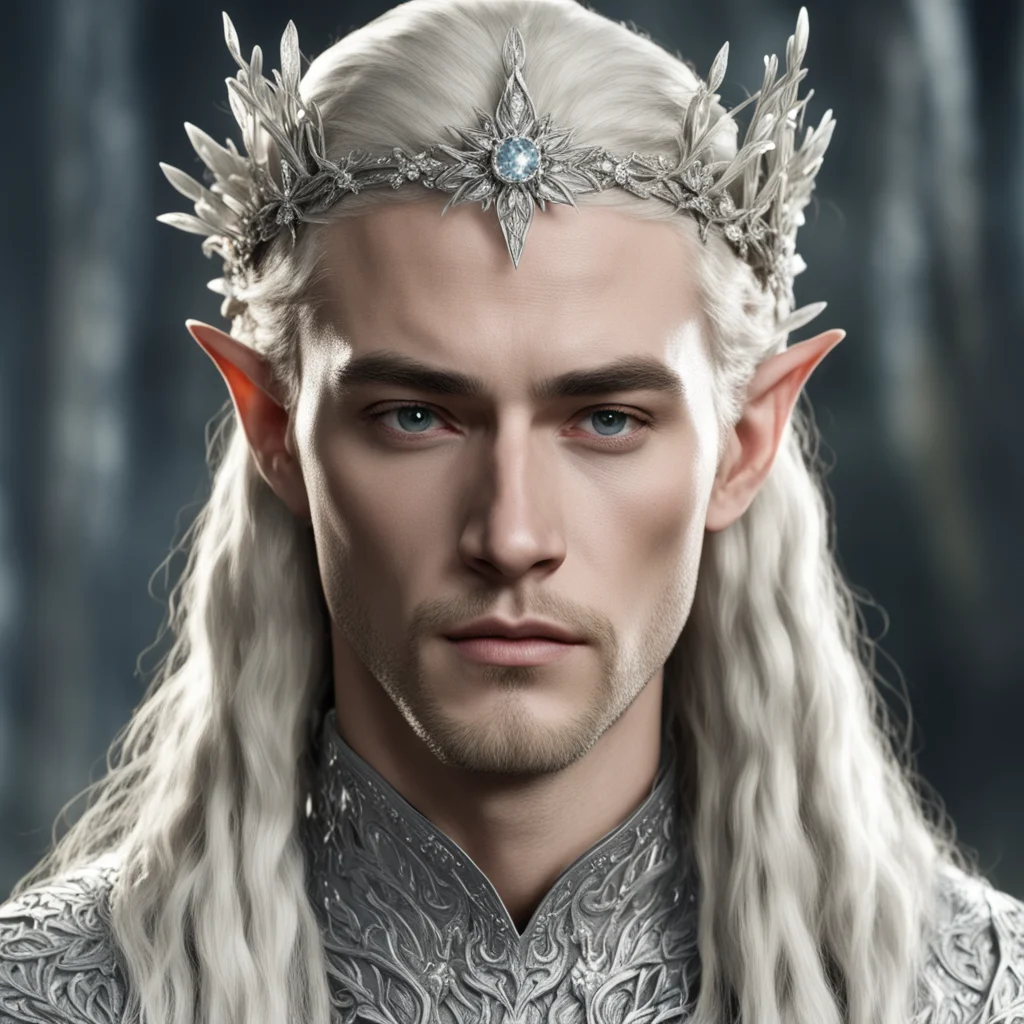  king thranduil with blond hair and braids wearing small silver flowers encrusted with diamonds to form a small silver elvish circlet with large center diamond good looking trending fantastic 1
