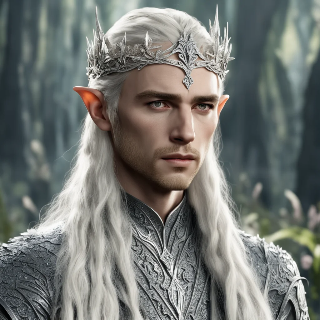 ai king thranduil with blond hair and braids wearing small silver flowers encrusted with diamonds to form small silver elvish circlet with large center diamond  amazing awesome portrait 2