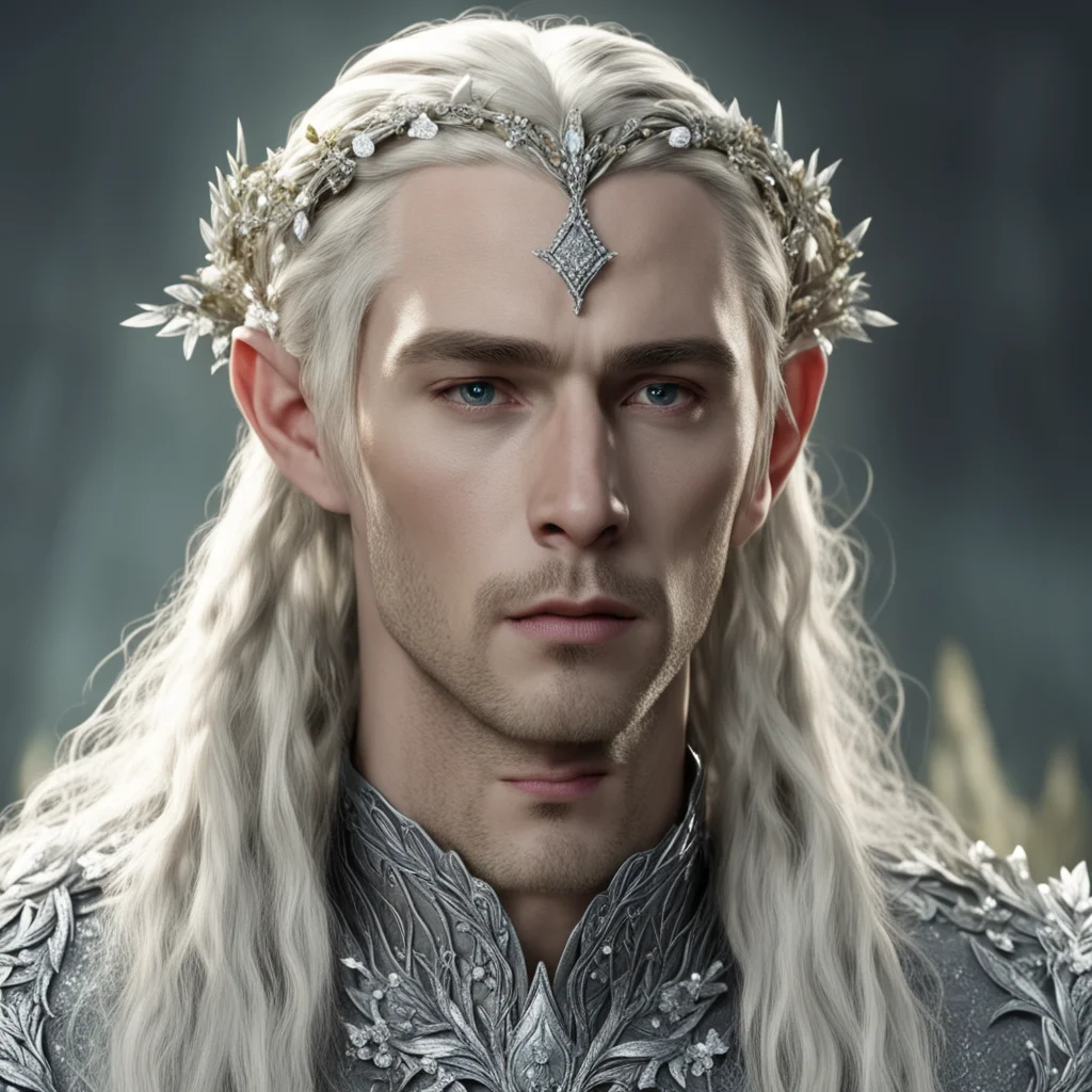 ai king thranduil with blond hair and braids wearing small silver flowers encrusted with diamonds to form small silver elvish circlet with large center diamond good looking trending fantastic 1