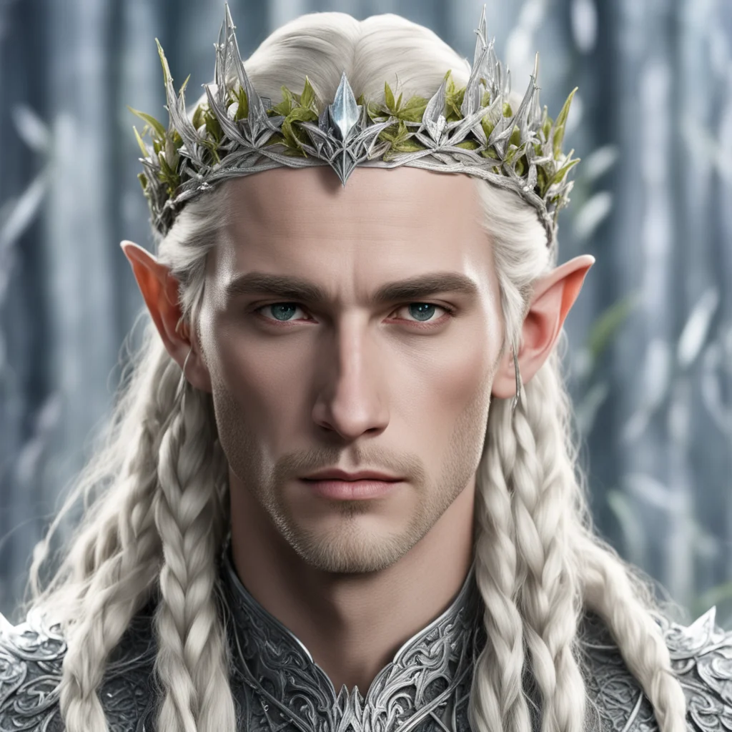  king thranduil with blond hair and braids wearing small silver ivy leaves encrusted with diamonds to form a small silver elvish coronet with large center diamond