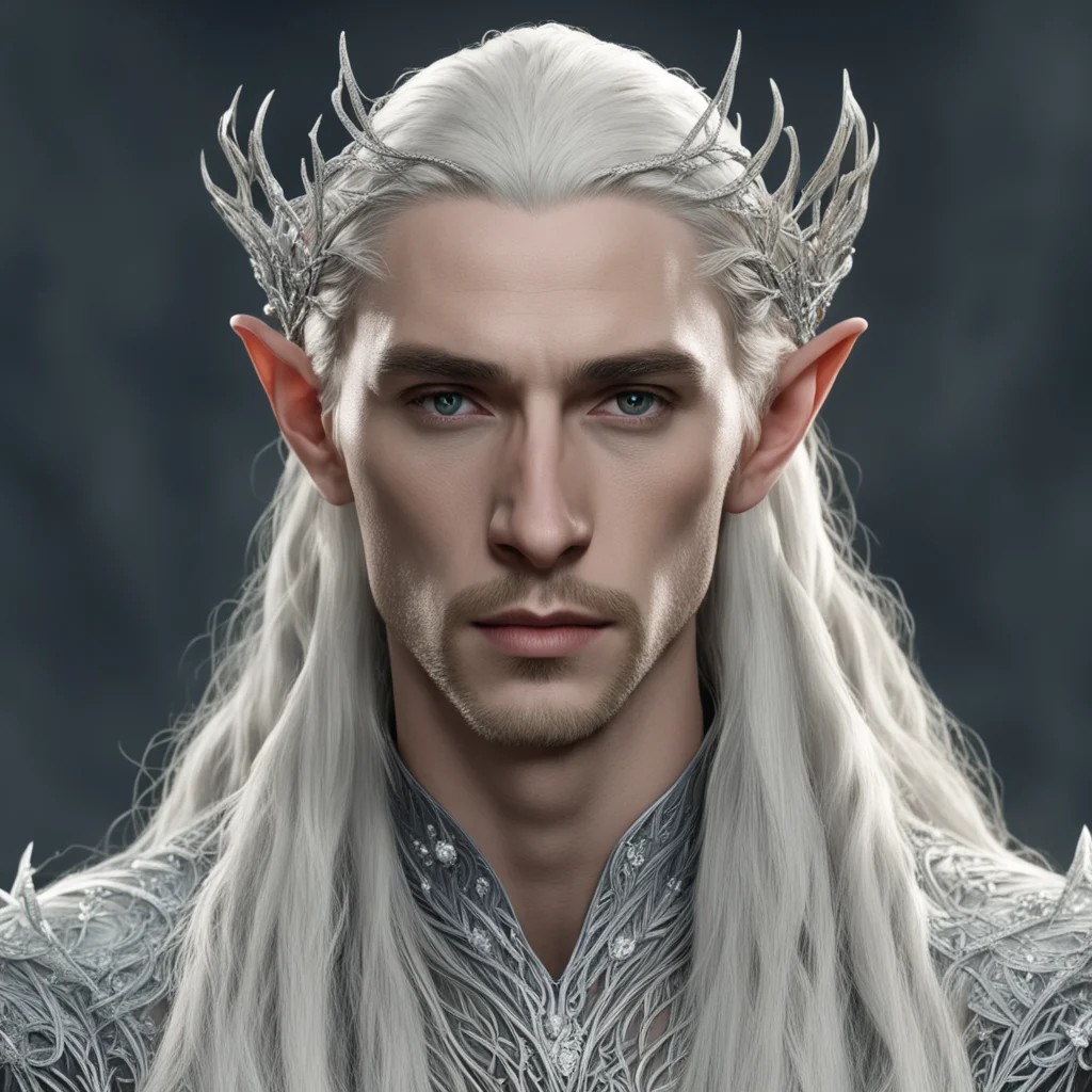  king thranduil with blond hair and braids wearing small silver vines intertwined and encrusted with diamonds to form a silver elvish circlet with large circular diamond