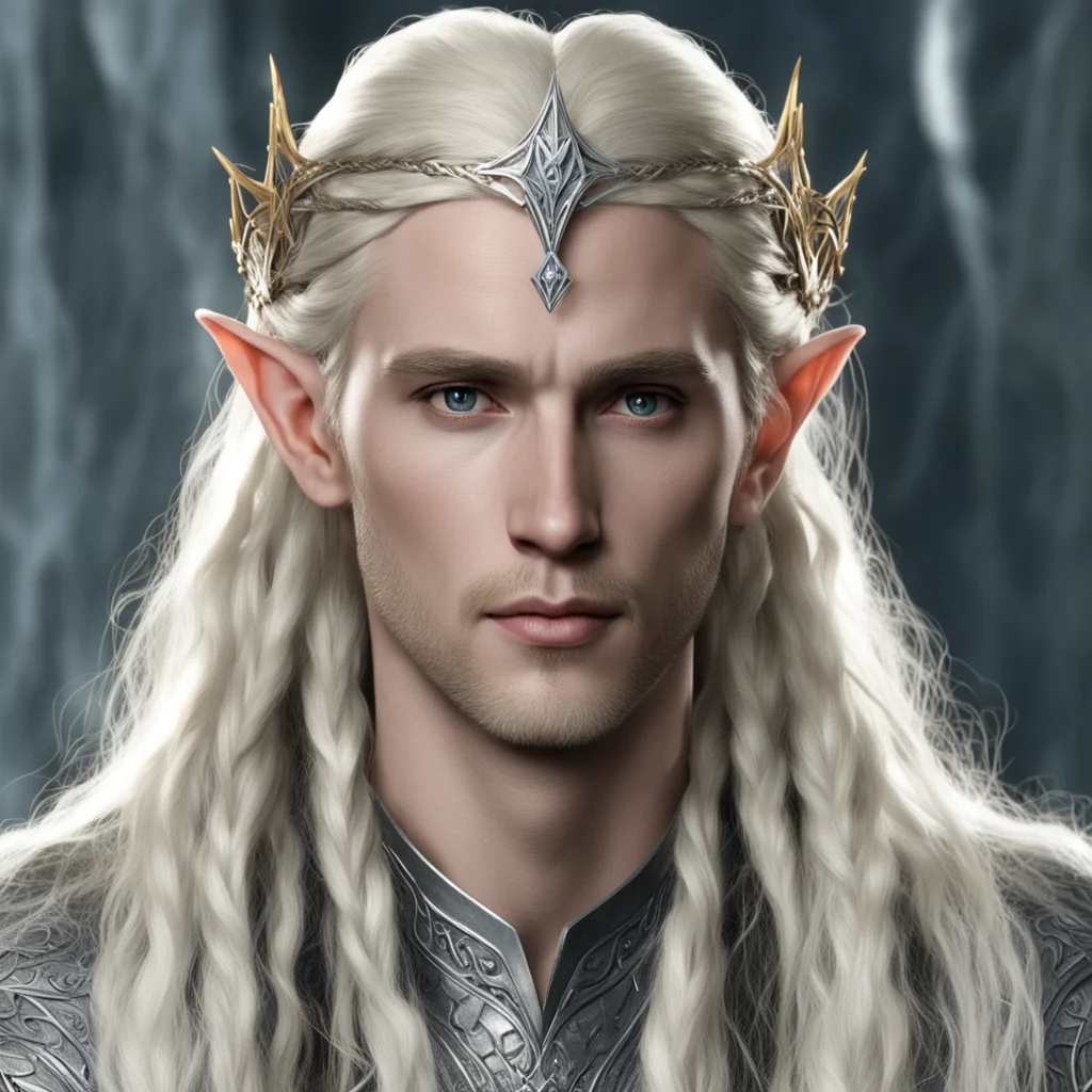 ai king thranduil with blond hair and braids wearing small thin silver elvish circlet with large center circular diamond 