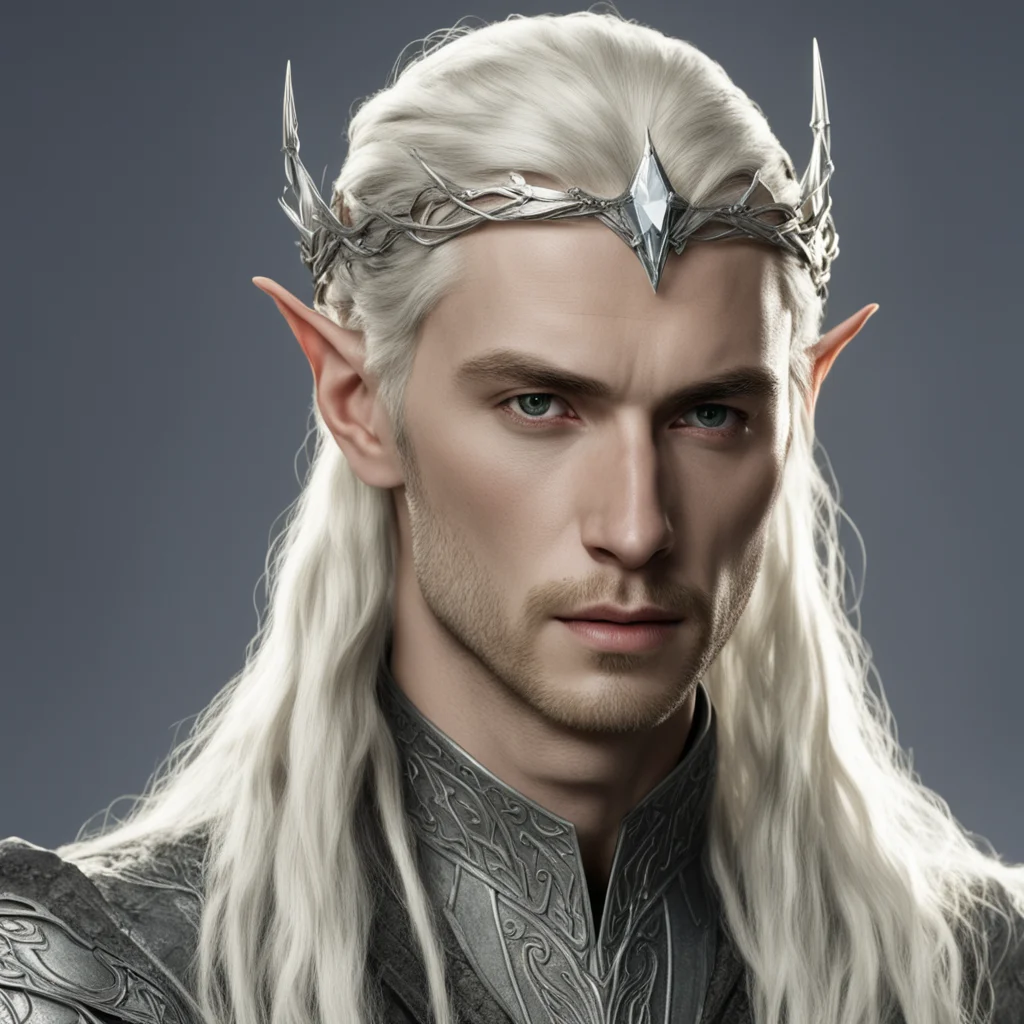  king thranduil with blond hair and braids wearing small thin silver serpentine elvish circlet with large center diamond