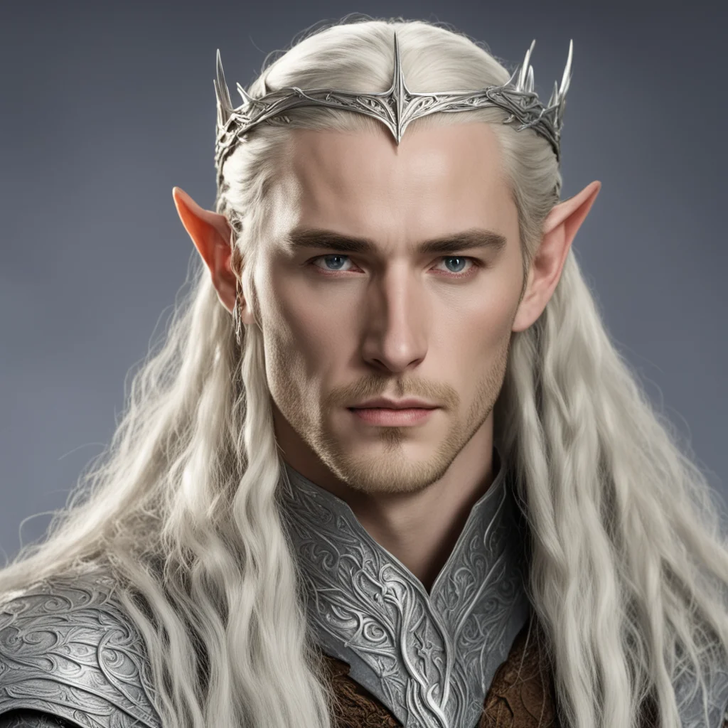  king thranduil with blond hair and braids wearing the hobbit silver elvish circlet with large center diamond confident engaging wow artstation art 3