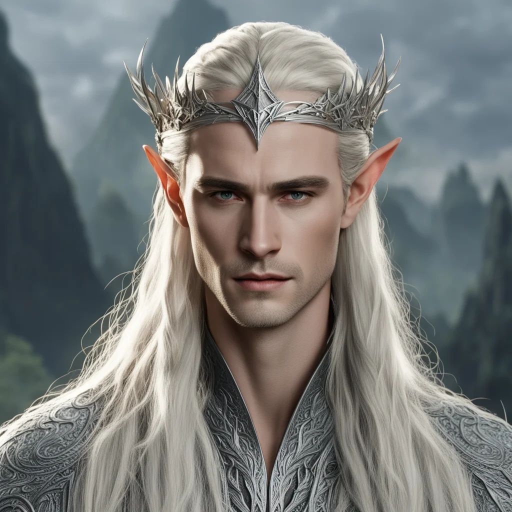  king thranduil with blond hair and braids with silver diamond studded elvish hair pins and silver elvish circlet with large center diamond