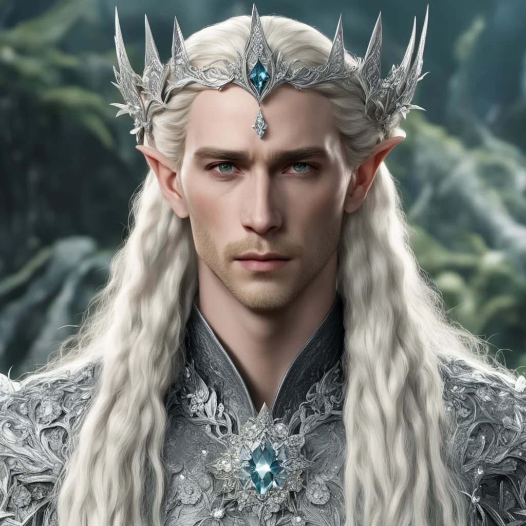  king thranduil with blond hair with braids wearing silver flower elvish circlet encrusted with diamonds with large center diamond confident engaging wow artstation art 3