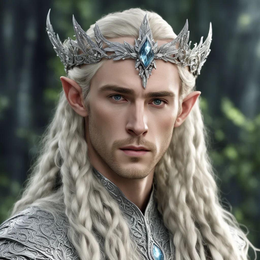  king thranduil with blond hair with braids wearing silver flower elvish circlet encrusted with diamonds with large center diamond
