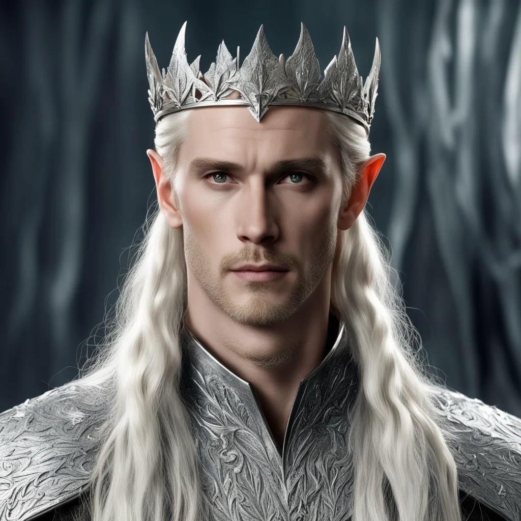  king thranduil with blond hair with braids wearing silver leaf circlet with diamonds confident engaging wow artstation art 3