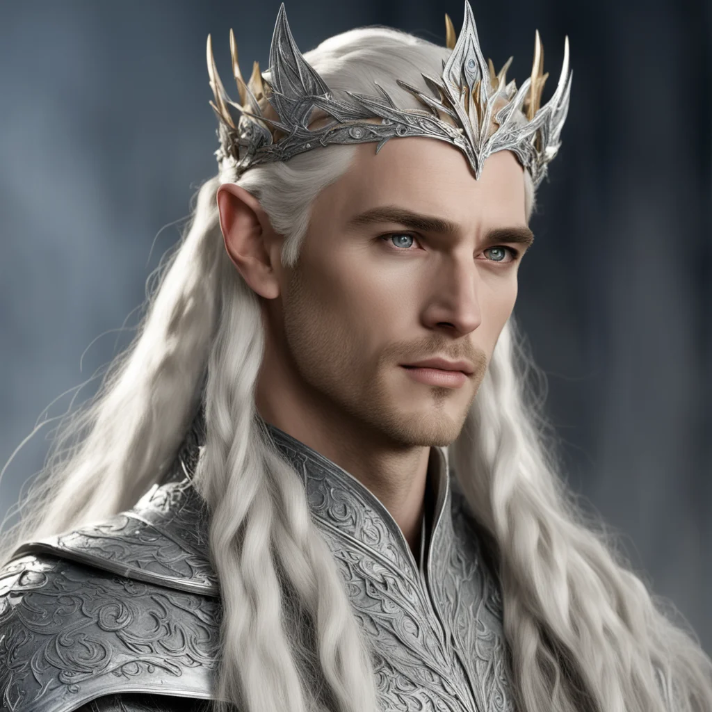  king thranduil with blond hair with braids wearing silver leaf circlet with diamonds