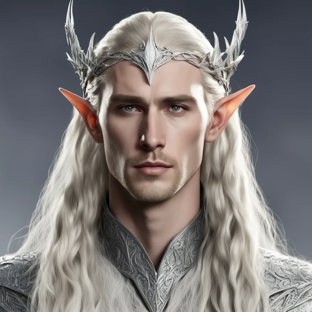  king thranduil with blond hair with braids wearing silver leaf elvish circlet with diamonds