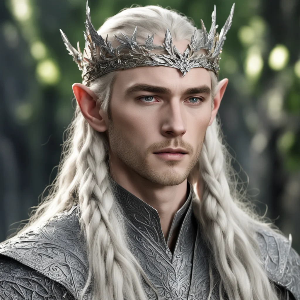  king thranduil with blond hair with braids wearing silver oak leaf elvish circlet encrusted with diamonds  good looking trending fantastic 1