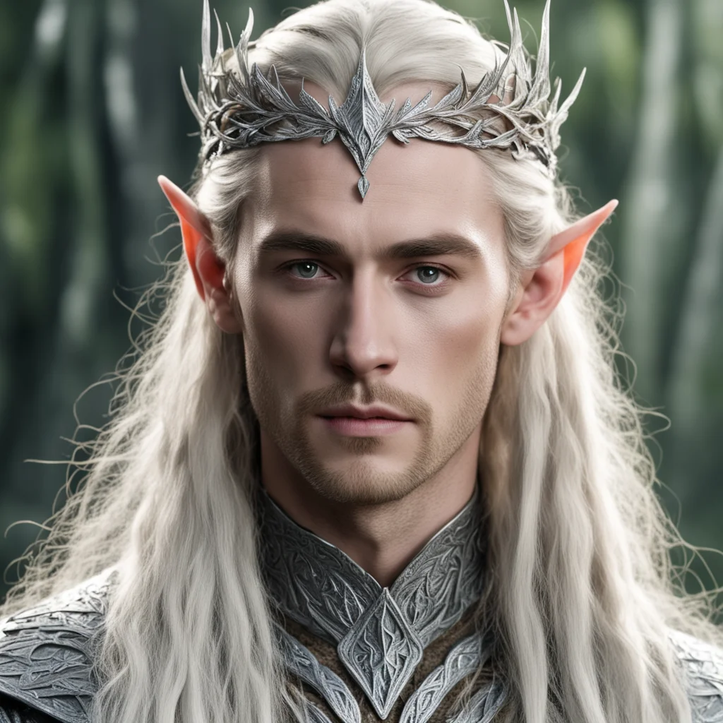 king thranduil with blond hair with braids wearing silver oak leaf elvish circlet encrusted with diamonds with large center diamond 