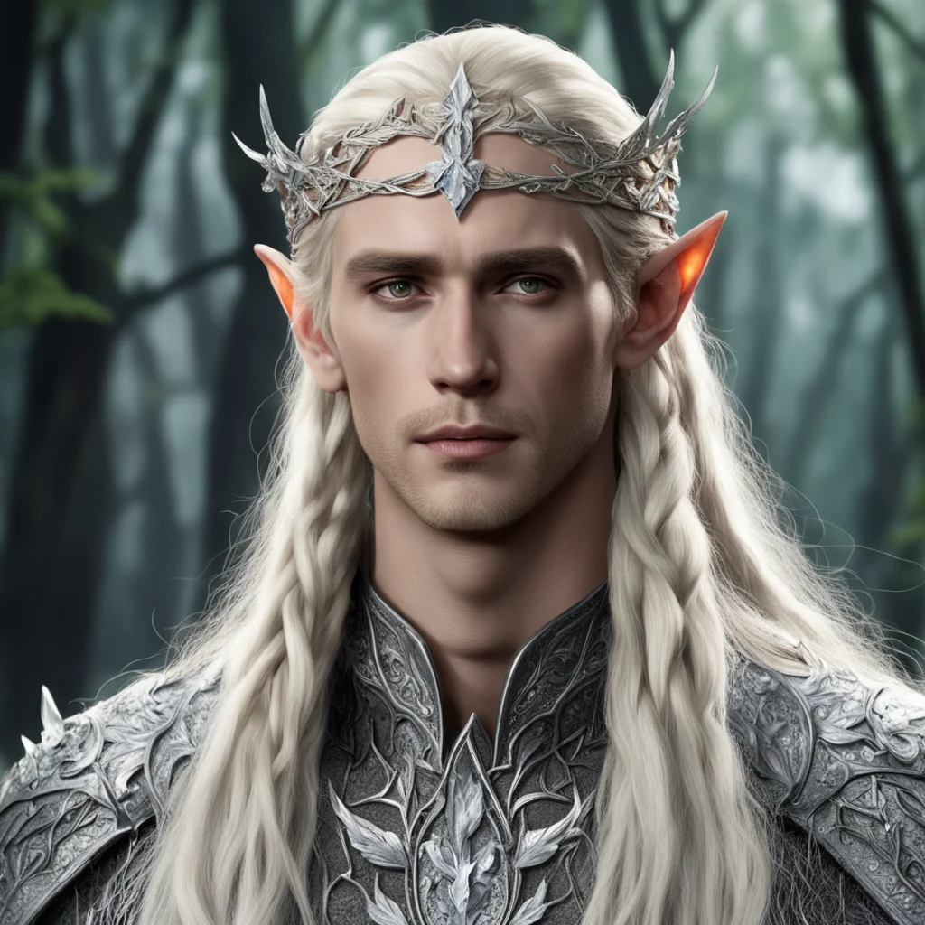 ai king thranduil with blond hair with braids wearing silver oak leaf elvish circlet encrusted with diamonds with large center diamond good looking trending fantastic 1