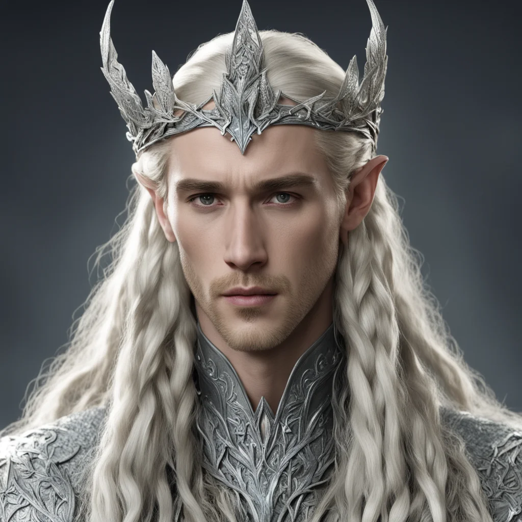  king thranduil with blond hair with braids wearing silver oak leaf elvish circlet encrusted with diamonds with large center diamond