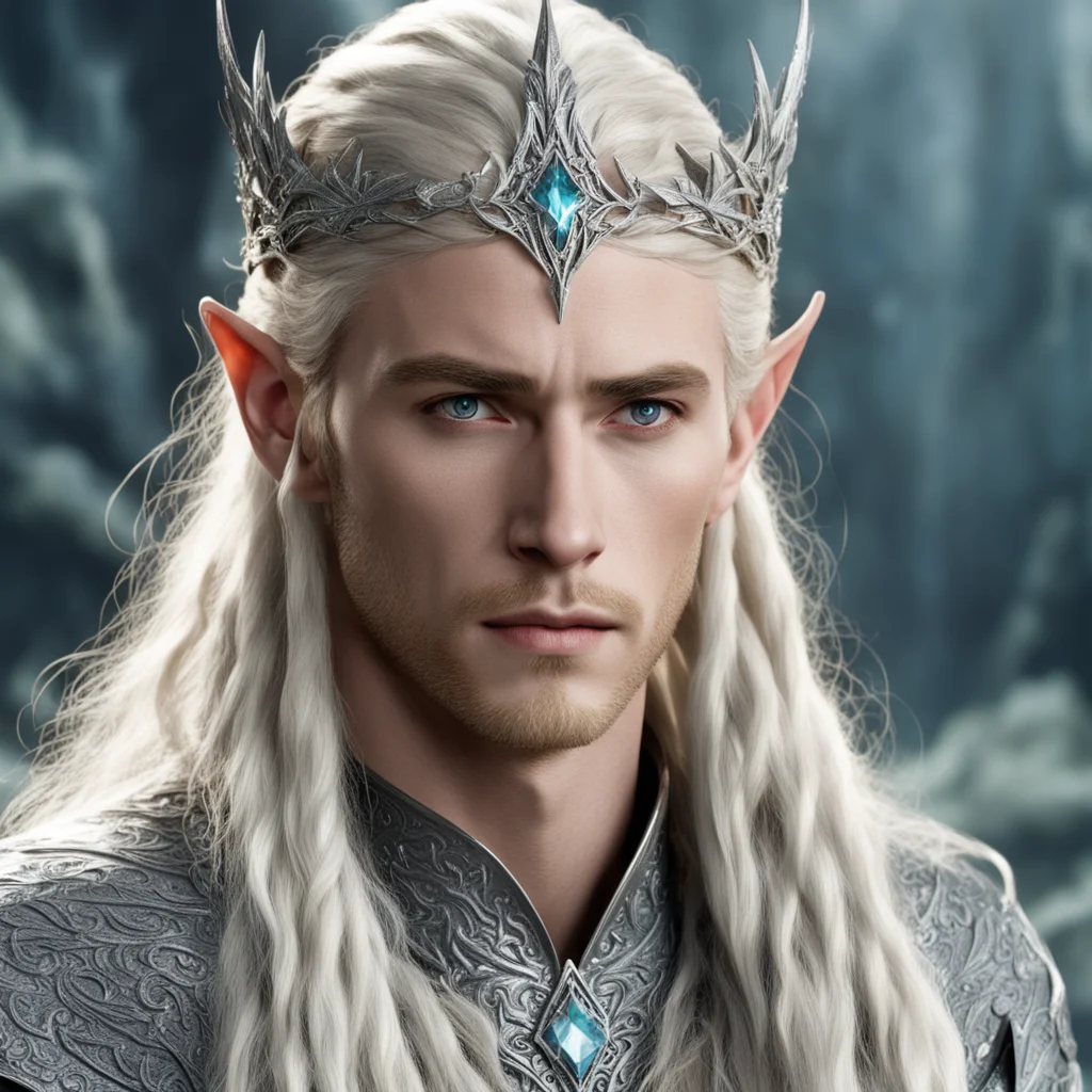  king thranduil with blonde hair and braids wearing silver elvish circlet encrusted with diamonds with large center circular diamond