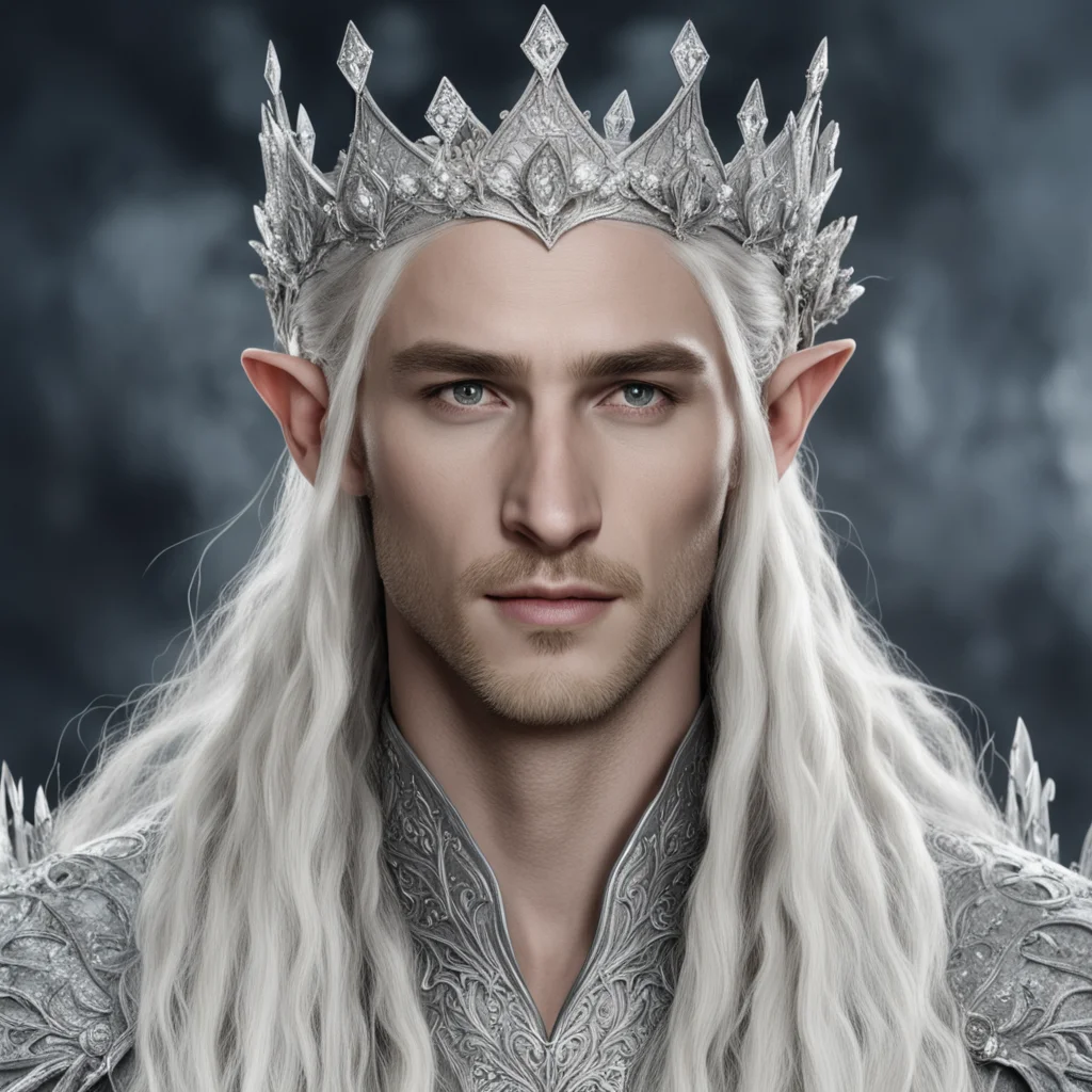 ai king thranduil with blonde hair and braids wearing silver flowers encrusted with diamonds forming a silver elvish crown with large center diamond  amazing awesome portrait 2