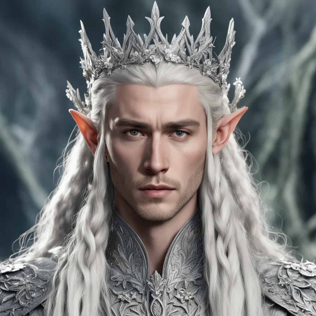 ai king thranduil with blonde hair and braids wearing silver flowers encrusted with diamonds forming a silver elvish crown with large center diamond  confident engaging wow artstation art 3