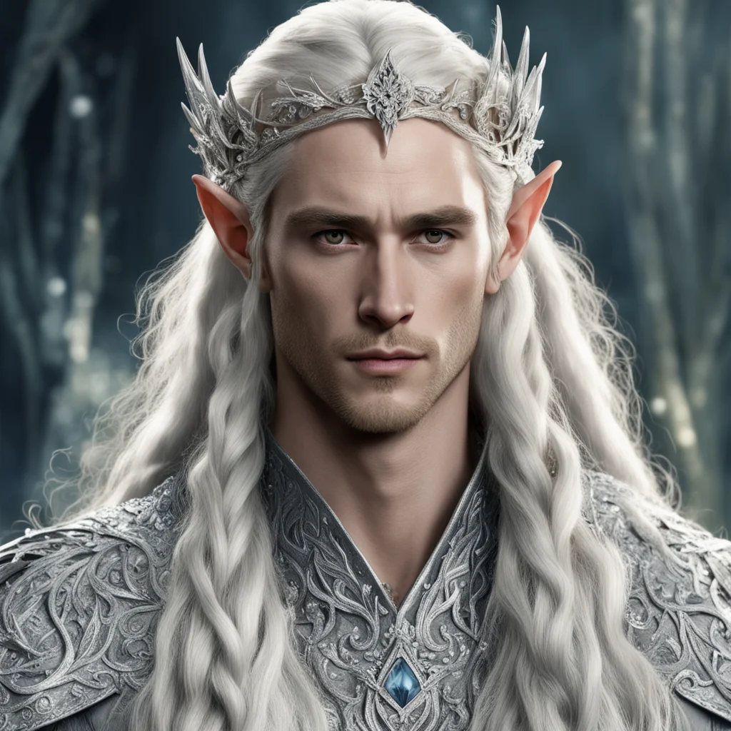  king thranduil with blonde hair and braids wearing silver flowers encrusted with diamonds forming a silver serpentine elvish circlet encrusted with diamonds with large center diamond 