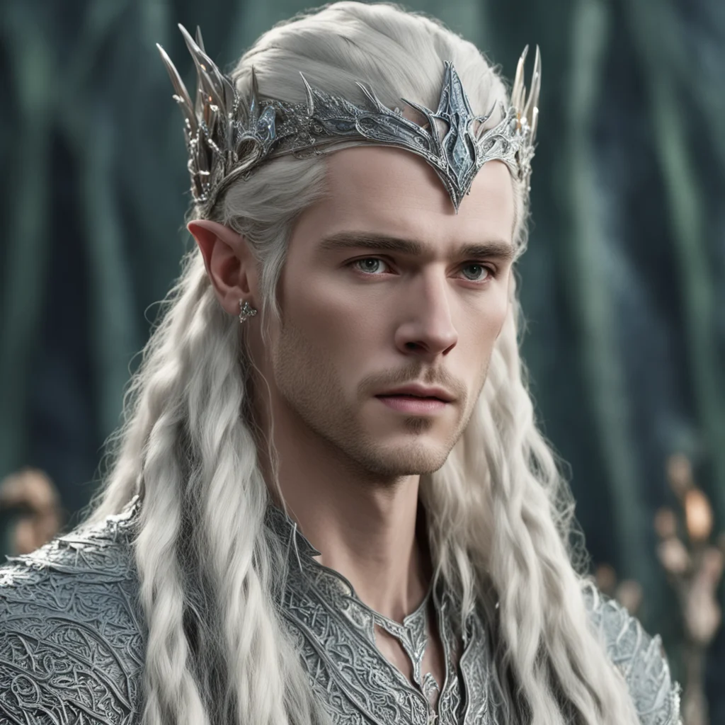 ai king thranduil with blonde hair and braids wearing silver serpentine sindarin elvish circlet encrusted with diamonds with large center diamond 