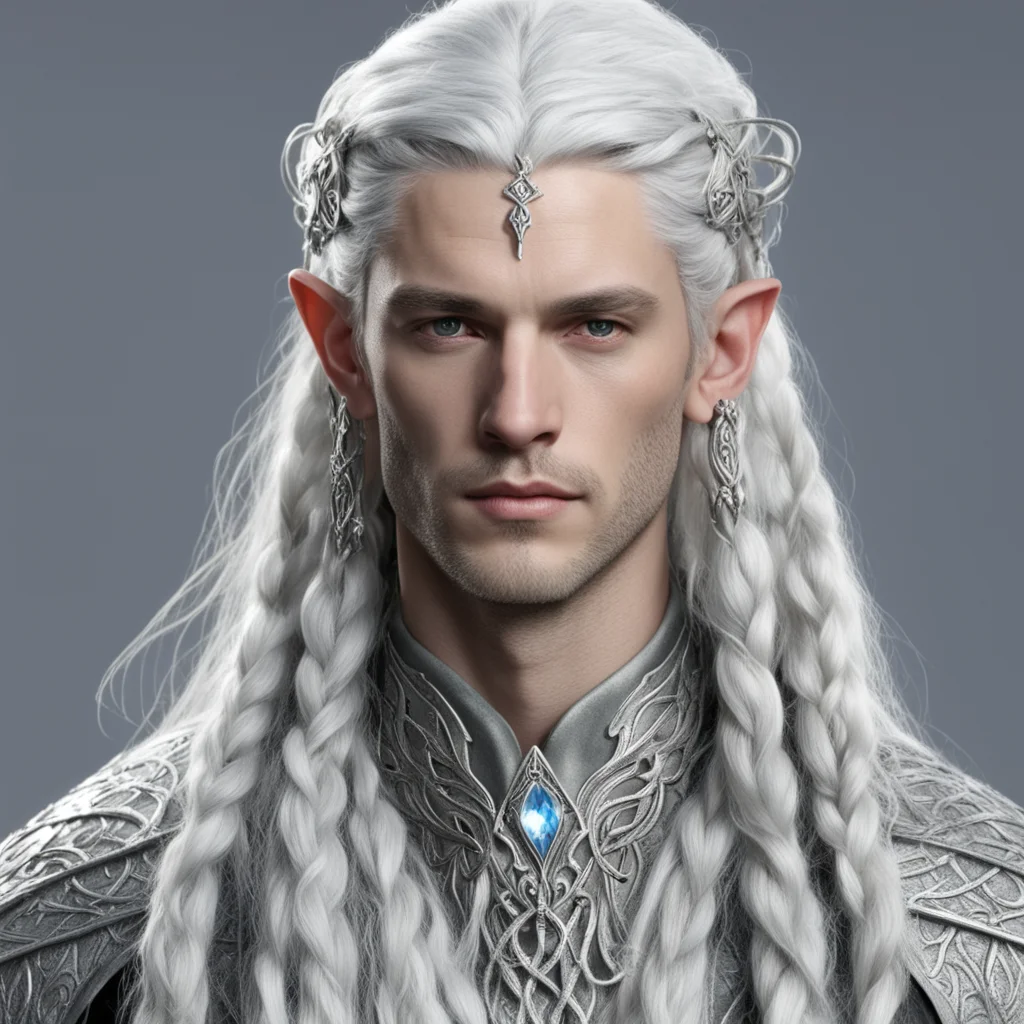 ai lord celeborn with silver hair and braids wearing small silver serpentine elvish circlet with large center diamond 