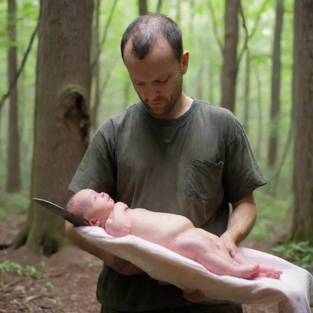 ai man has knife cutting a newborn baby in the woods