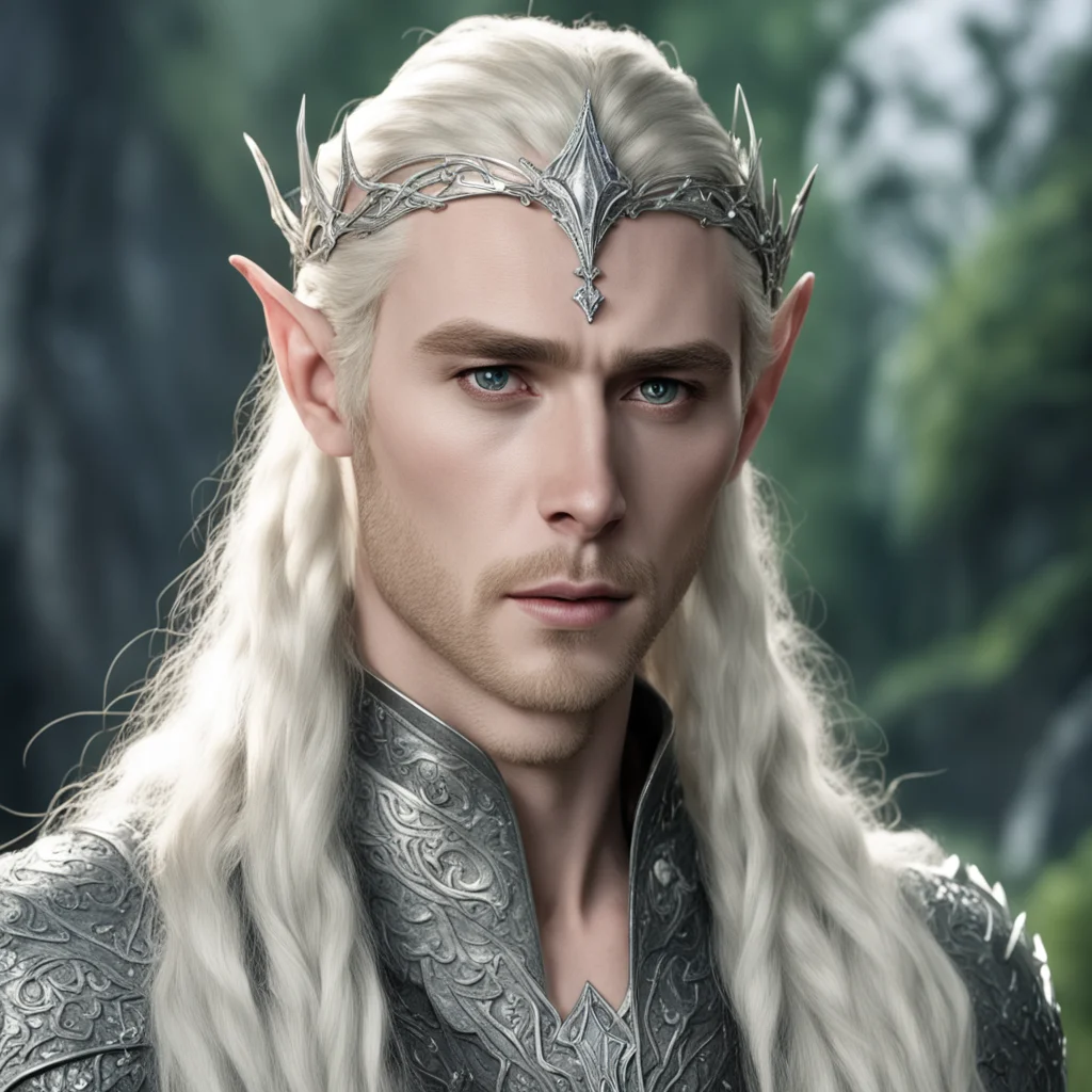 ai thranduil with blond hair and braids wearing silver serpentine elvish circlet encrusted with diamonds with large center diamond