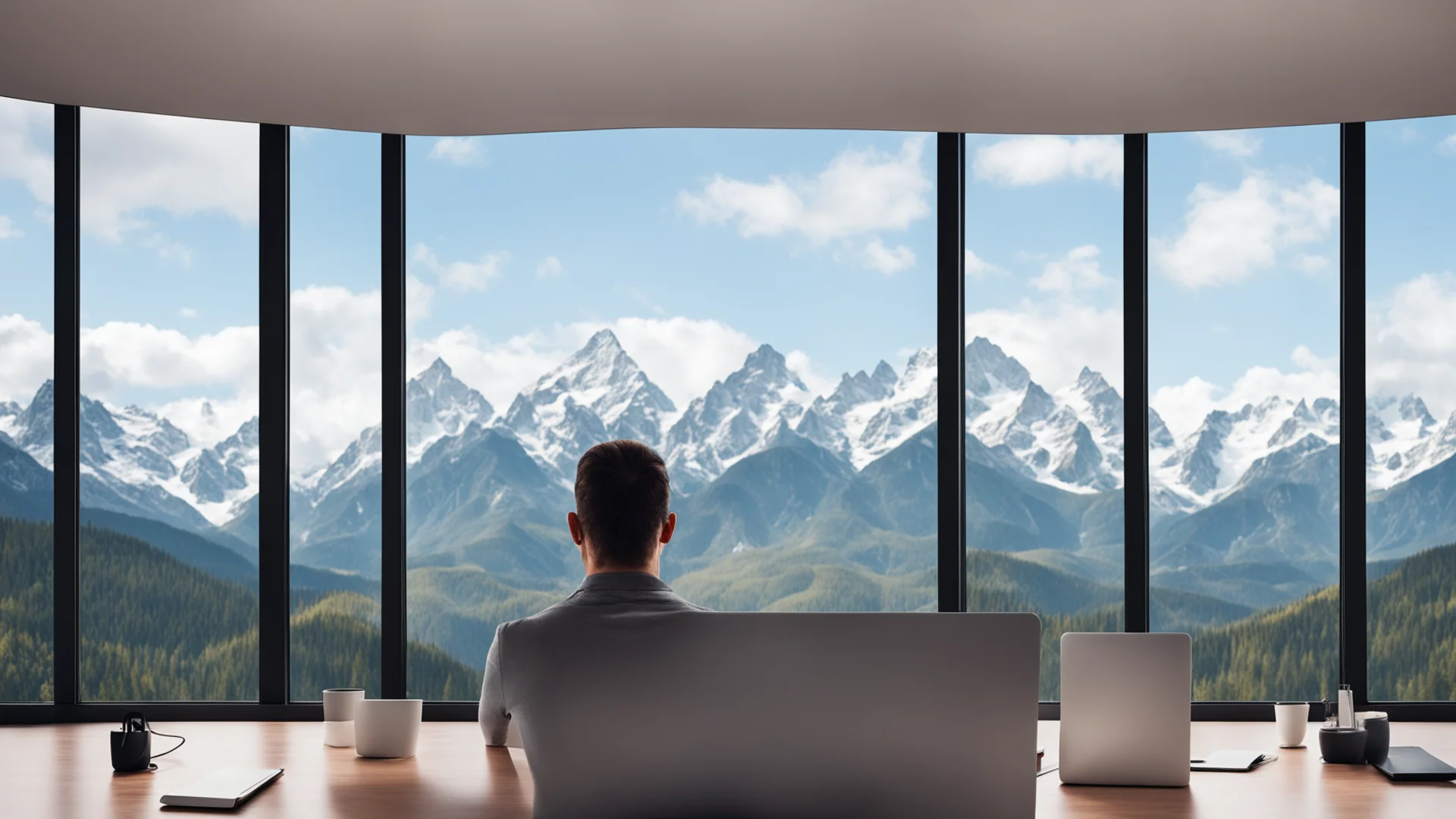 working man on laptop with mountains outside the window wide
