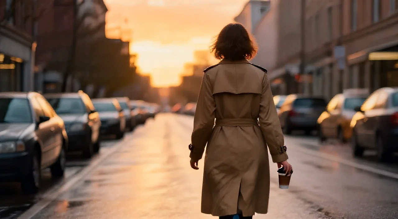 A person in a trench coat walking down a wet city street toward sunrise