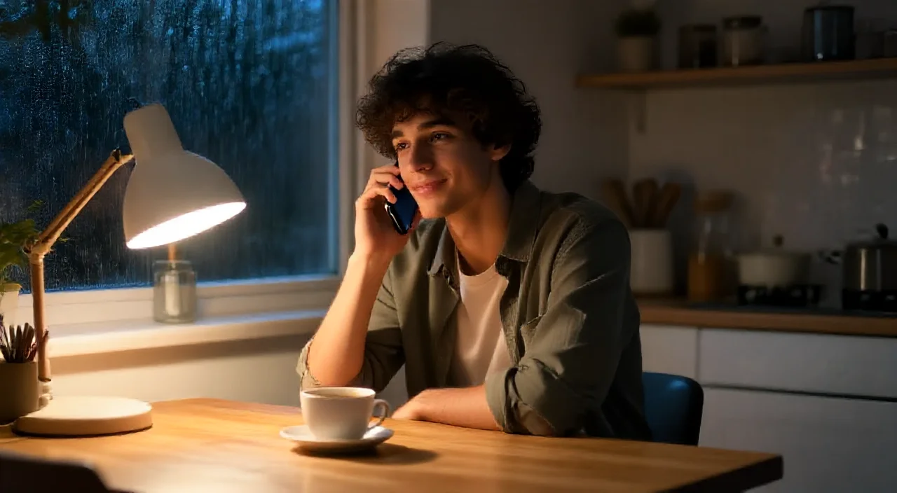 A young man talking on a phone at a kitchen table at night after rain