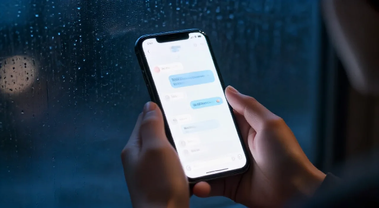 Hands holding a phone with a chat conversation at a rain-streaked window at night
