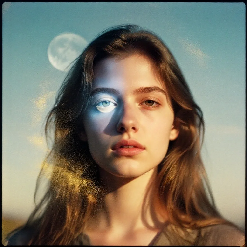 Portrait of a woman with one eye glowing, gold dust suggesting a memory being rewritten