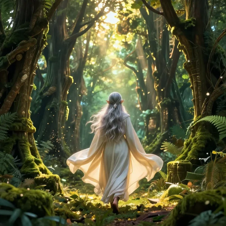 Beautiful elf walking through an ancient forest generated by omniserve-native