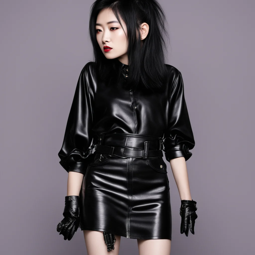 ai1 femme  asiatique punk annees 80  chemise en cuir noir des annees 80  jupe a pression  en cuir des annees 80