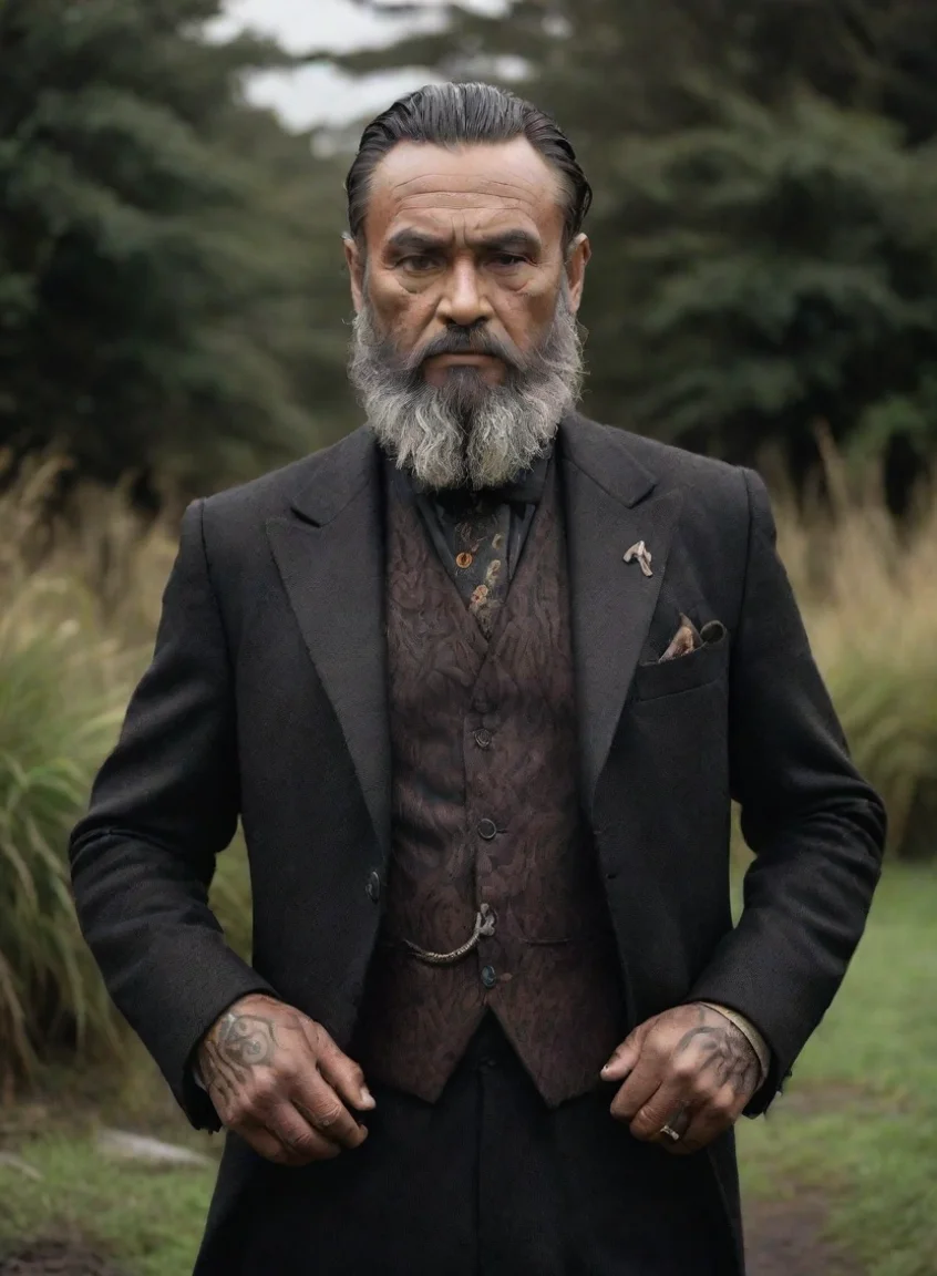 ai1800 dark gothic feel character  maori tanned skin suit with tails beard realism hd film still dramatic background olden days portrait43