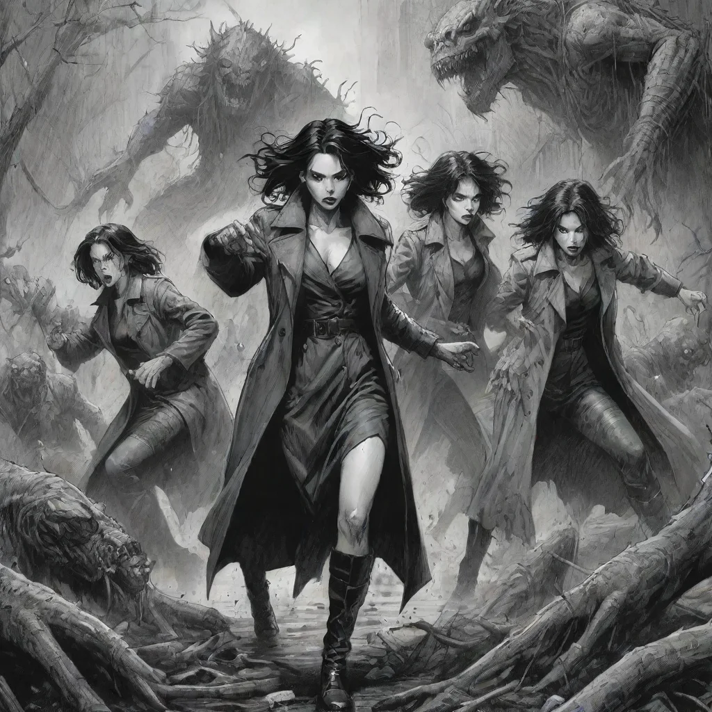 ai90s cross hatch comic book style drawing of a group of goth woman in trench coats fighting a swamp monster in the destroyed city drawn in black and white in the art style of jim lee 